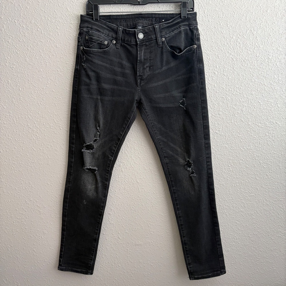 American Eagle Men's Black Destructed Skinny Stretch Jeans 30x30